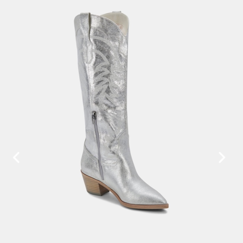 Tall metallic silver cowboy boots